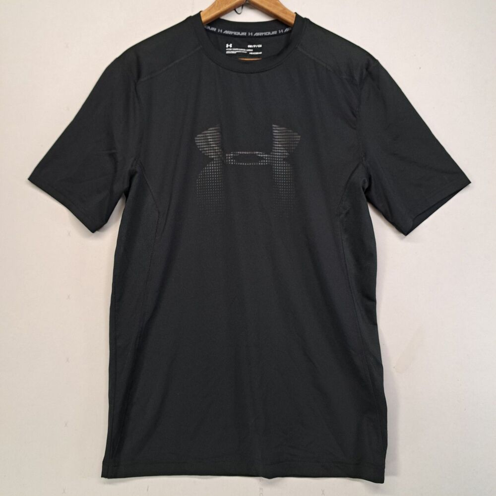 Under Armour HeatGear Small Fitted Shirt Black Big Logo Short Sleeve Tee